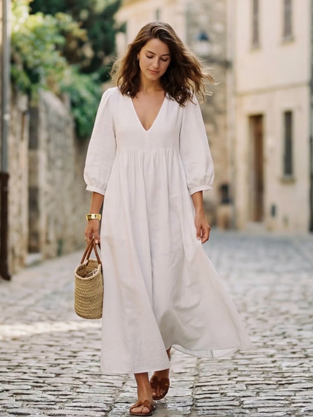 Celmia White V-Neck Maxi Dress with Puff Sleeves 100% Cotton